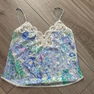 Vintage Deena Lace Trim Satin Camisole Watercolor Print Y2K Slip Top Size M